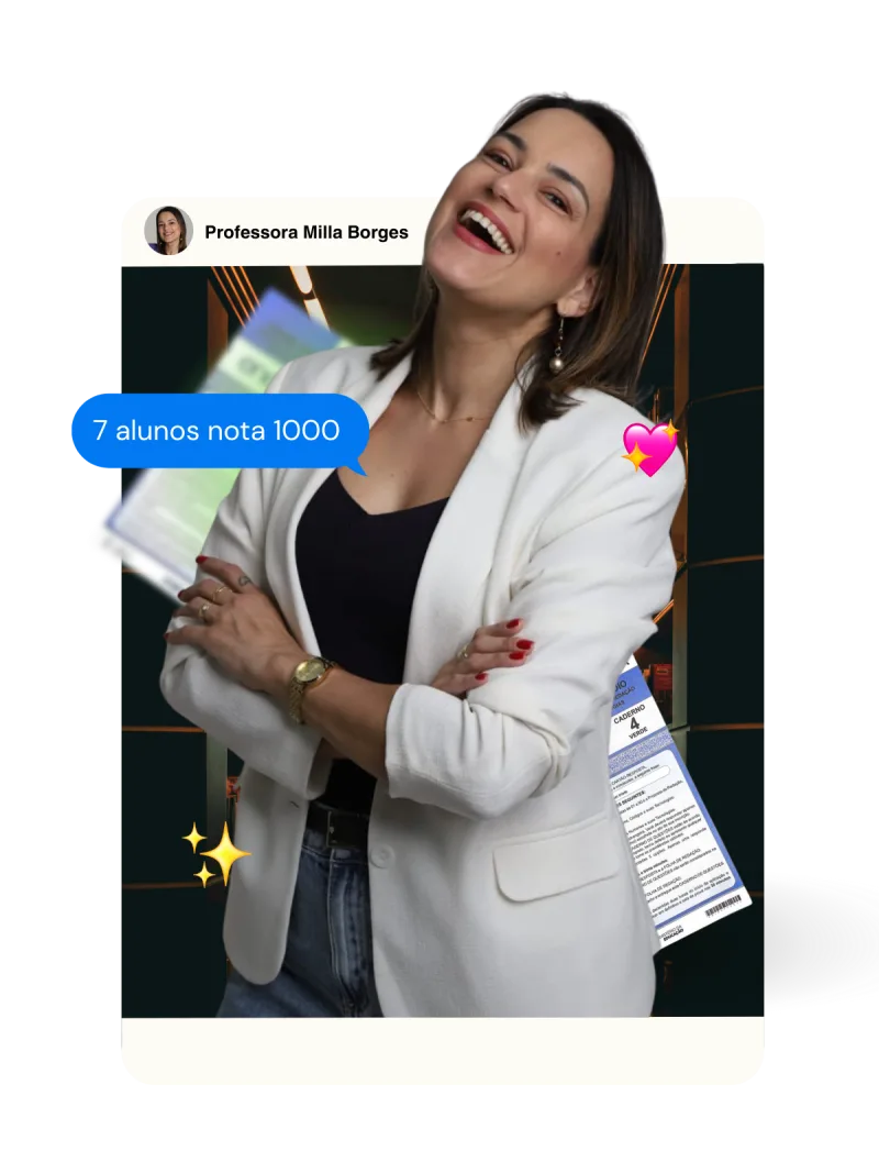 Milla Borges sorrindo com folhas de redação do ENEM